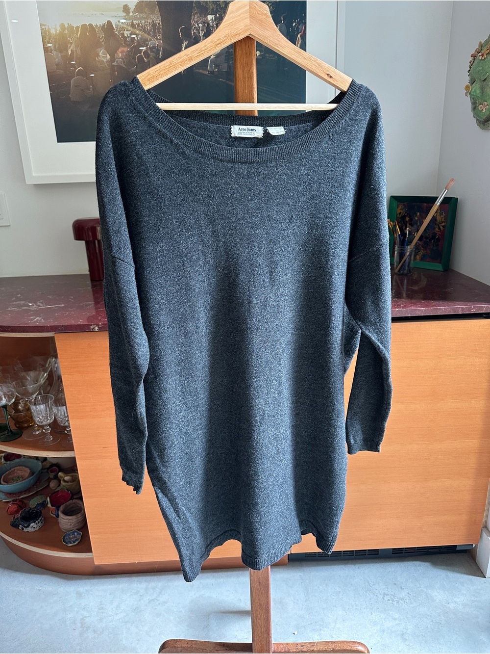 Acne Dark Charcoal Wide Neck Knit Sweater Dress